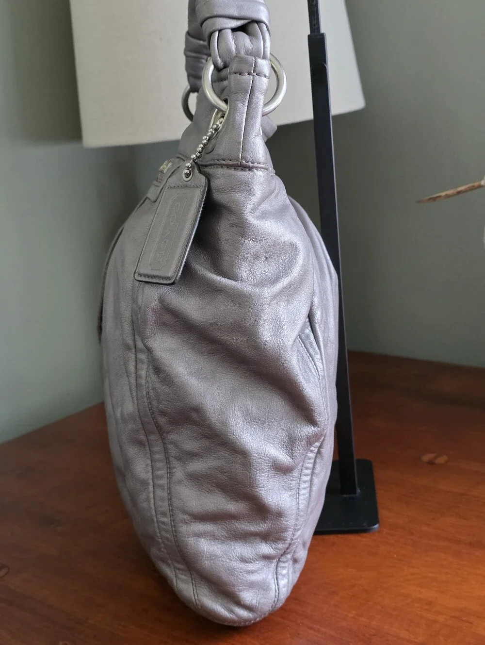 Coach F13411 Parker Shoulder Bag Metallic Silver Leather Hobo Purse Y2K